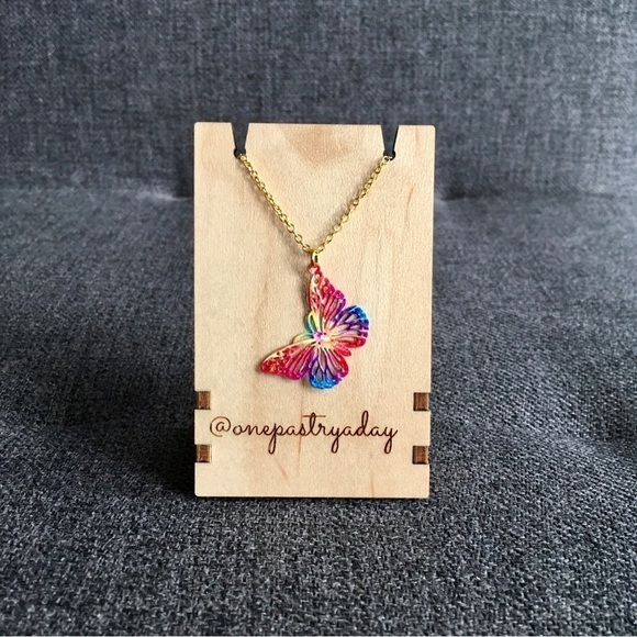 Hand Crafted Jewelry - Butterfly Pendant Necklace Red Pink 18 Inches